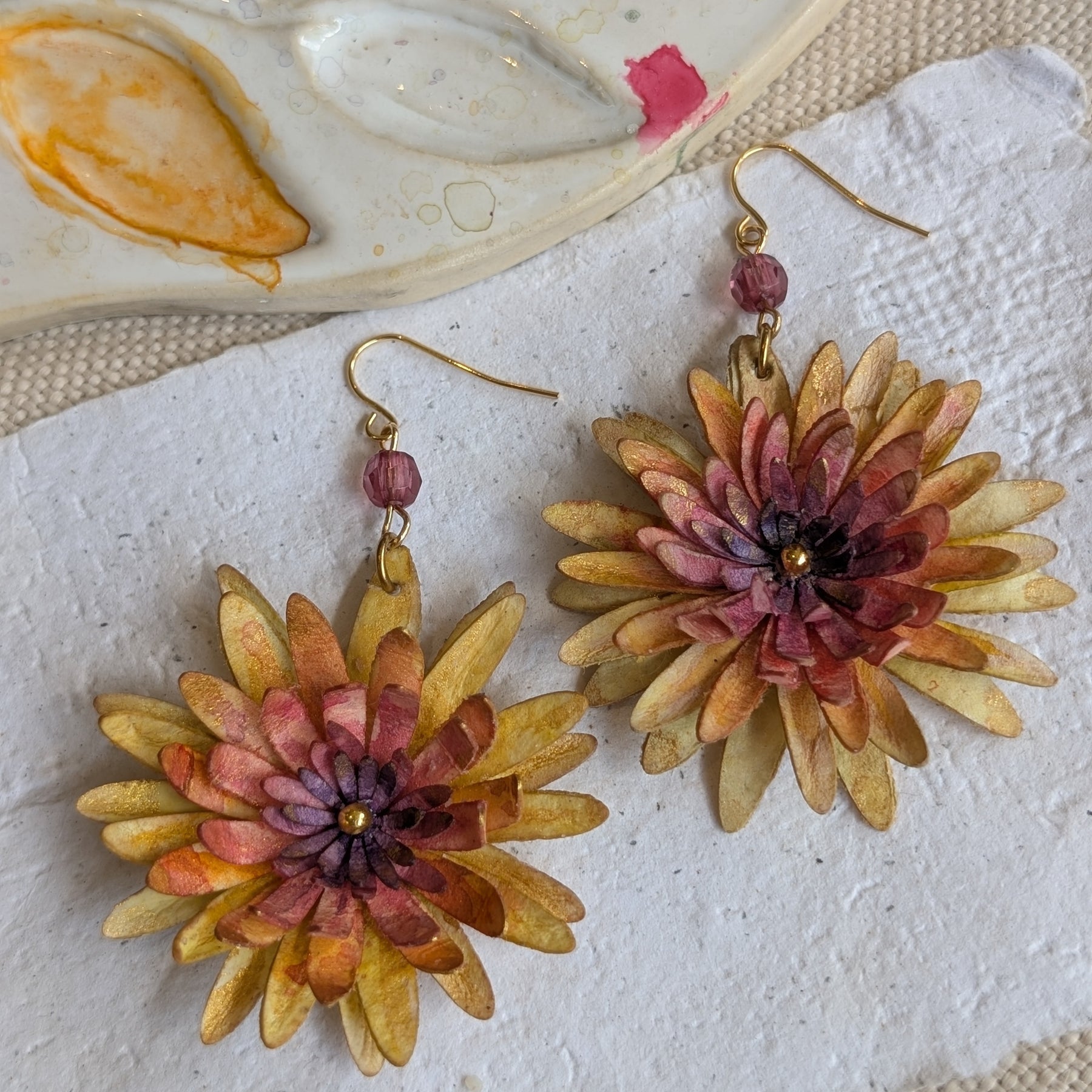 Chrysanthemum Flower Earrings – Handmade Watercolour Paper Earrings – Statement Floral Jewellery – Eco Friendly Gift Australia