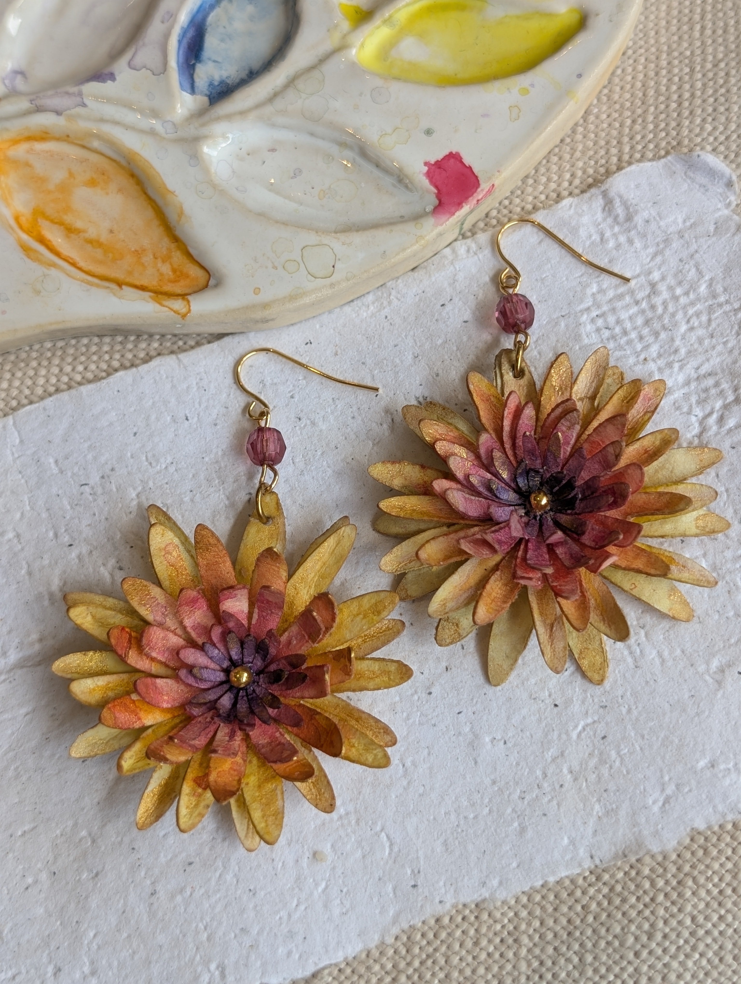 Chrysanthemum Flower Earrings – Handmade Watercolour Paper Earrings – Statement Floral Jewellery – Eco Friendly Gift Australia