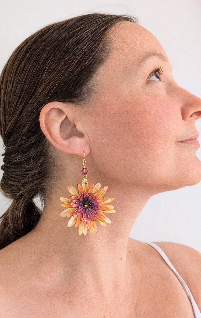 Chrysanthemum Flower Earrings – Handmade Watercolour Paper Earrings – Statement Floral Jewellery – Eco Friendly Gift Australia
