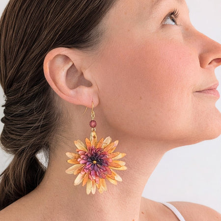 Chrysanthemum Flower Earrings – Handmade Watercolour Paper Earrings – Statement Floral Jewellery – Eco Friendly Gift Australia