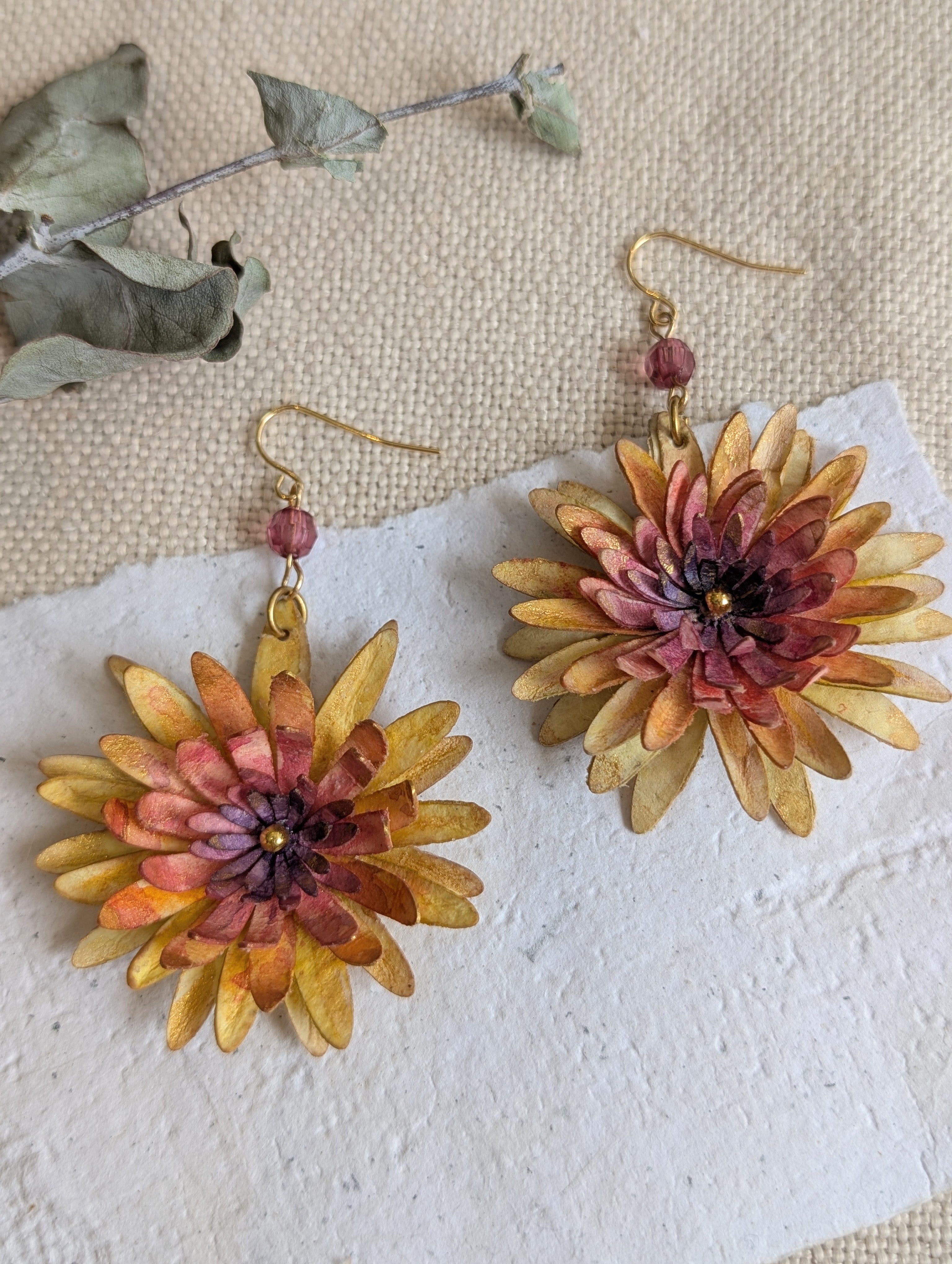Chrysanthemum Flower Earrings – Handmade Watercolour Paper Earrings – Statement Floral Jewellery – Eco Friendly Gift Australia