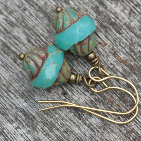 Turquoise Blue Picasso and Brass Czech Glass Beaded Earrings