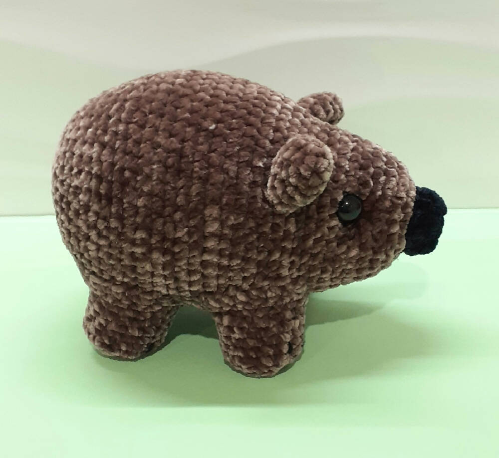 Hand made velvety soft, crocheted brown wombat