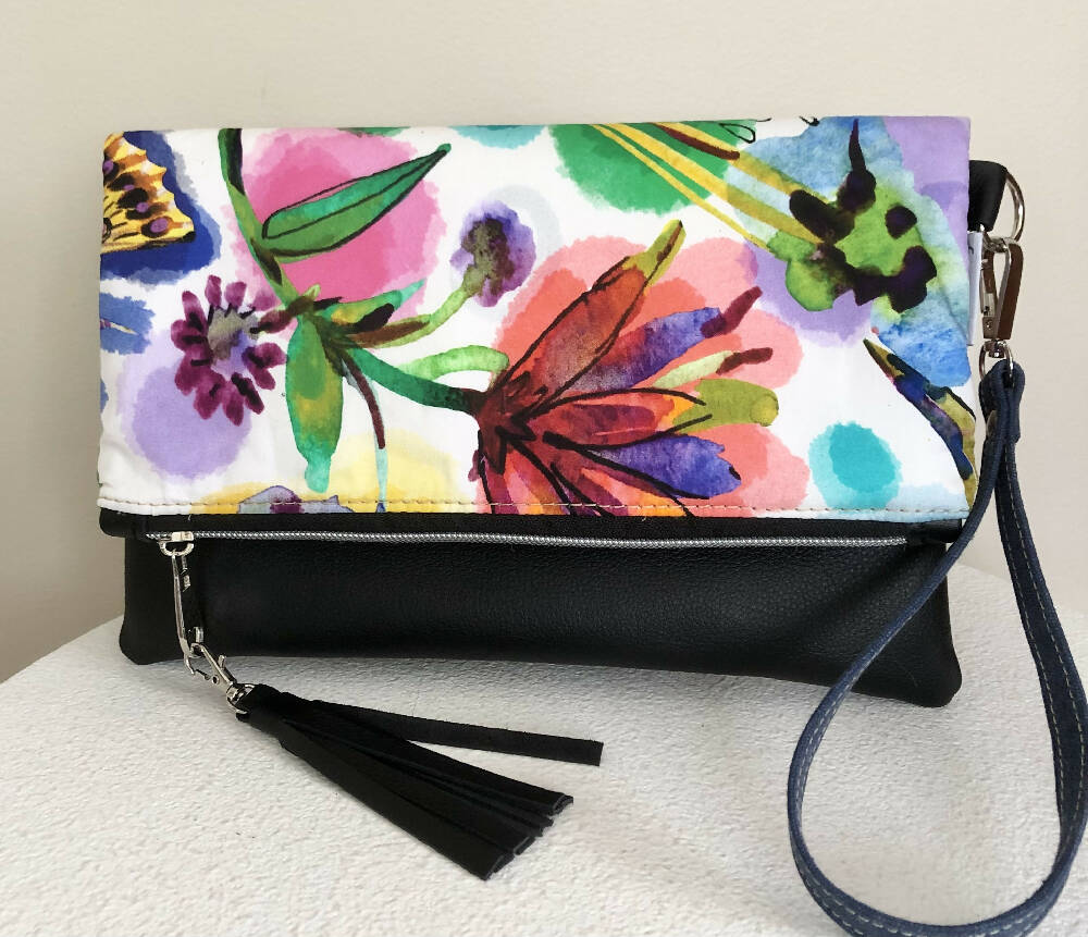 Fold Over Clutch Bag in Flower Print Fabric, Blue Canvas and Leather