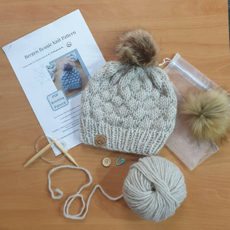 Bubble Beanie Knit Kit - Knitting Kit - Beginner Knit Kit - Pom Pom Hat - Easy Knit Pattern