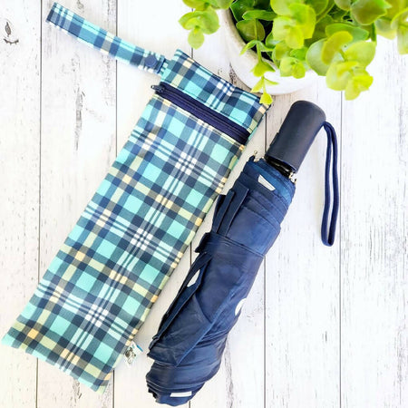 Umbrella Bag, Waterproof Reusable Zip Bag, Tartan, Navy Zip