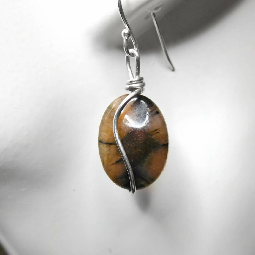 Andalusite Chiastolite oval gemstone earrings Sterling silver wrapped