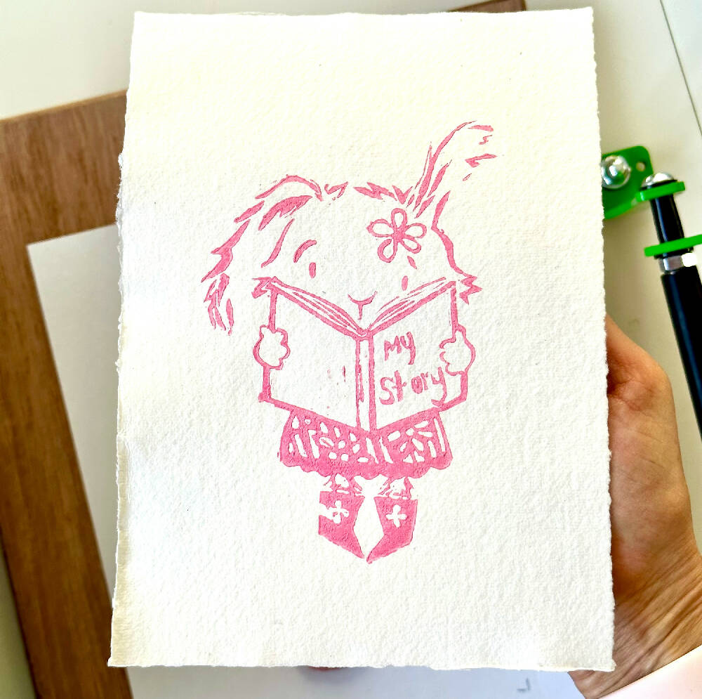 My Story Rabbit Hand Printed Lino Art Kids A5 Print