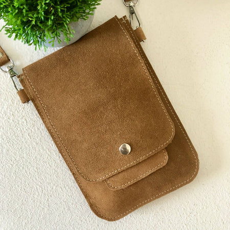 Phone Sling Pouch in Tan Suede Leather