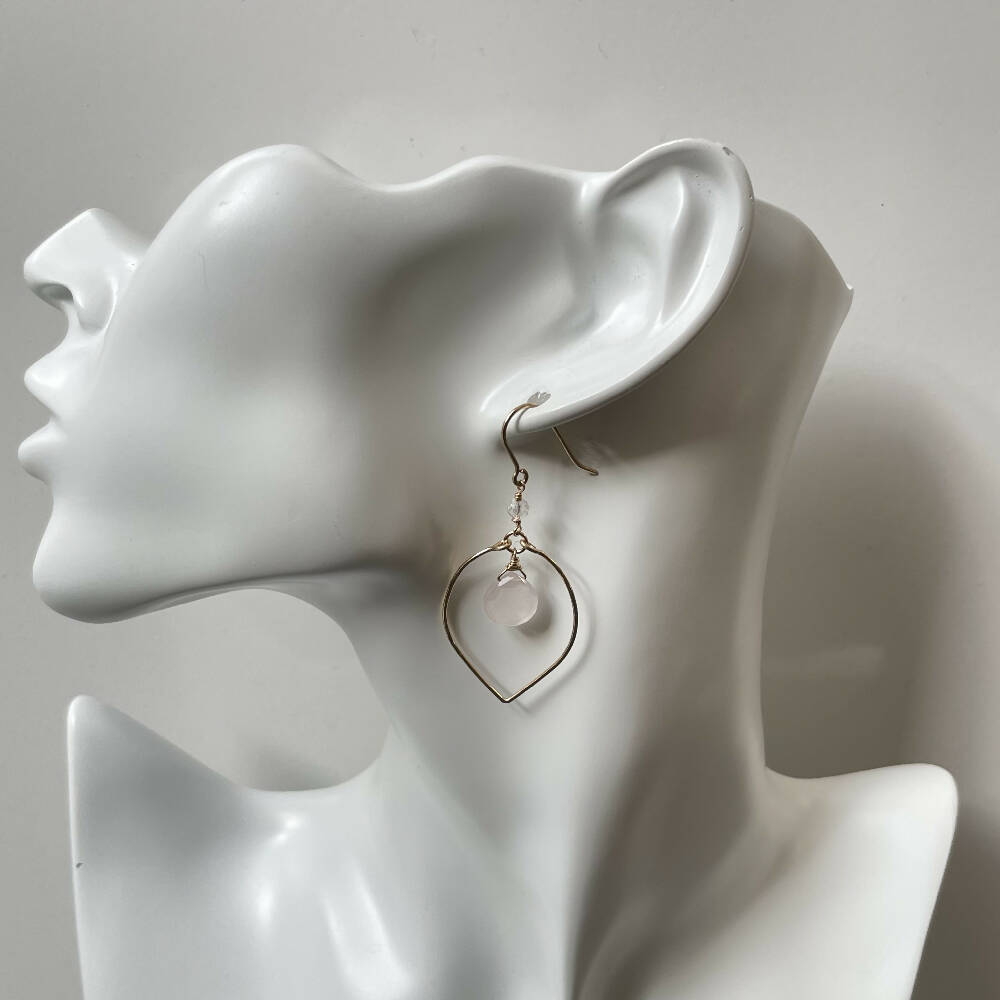 14K Gold filled rose quartz leaf shaped hoop earrings