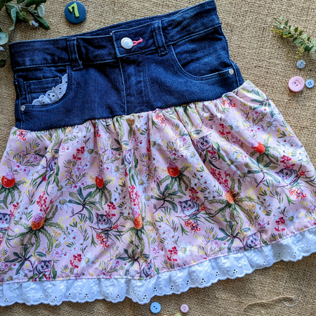 Upcycled Denim girls skirt Size 6-7, Possum in Pink