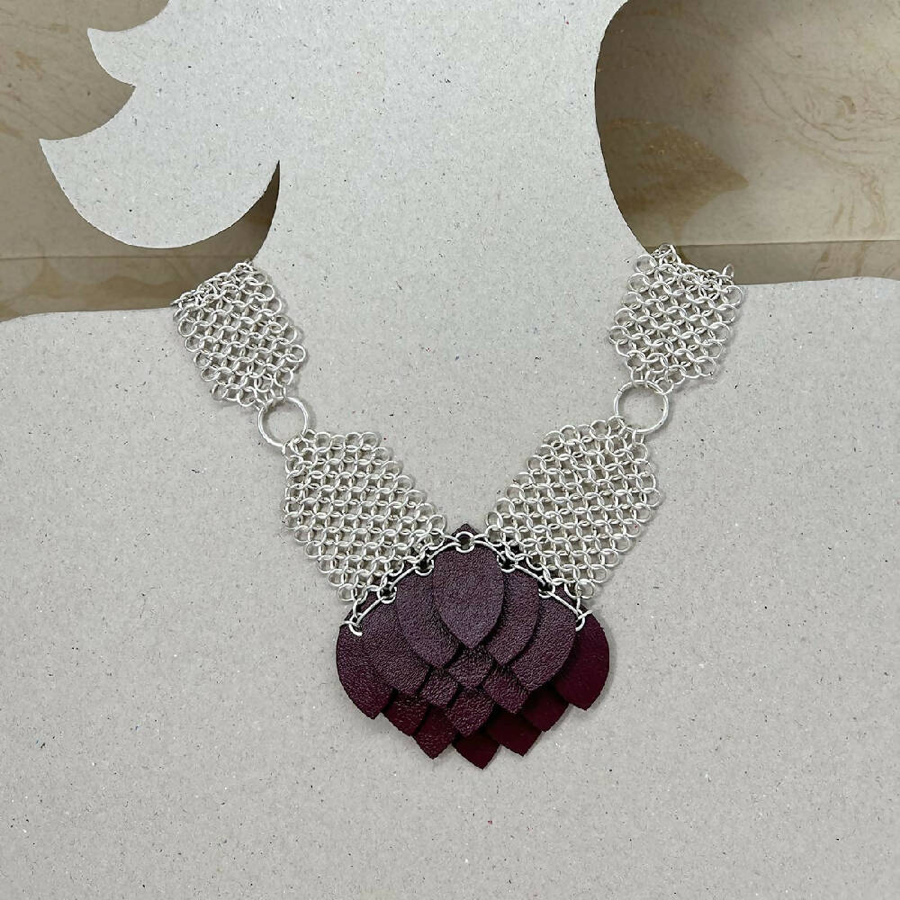 Silver plated & leather scales necklace size