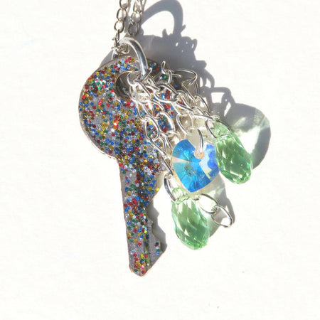 Pendant necklace. Recycled key and crystals