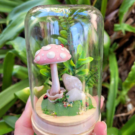Pink Fantasy Mushroom and Rose quartz crystals decor dome