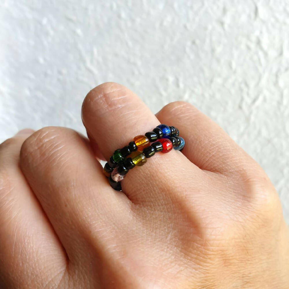 Statement colourful seed bead 2 line memory wire ring , Black & Silver lined