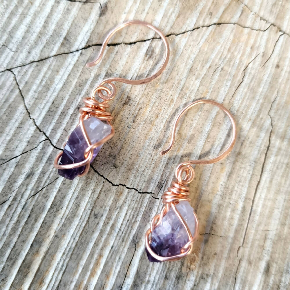amythest crystal copper wrapped dangle earrings handmade