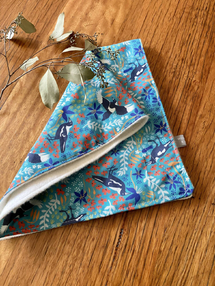 burp cloth - Australian magpies green / organic cotton hemp / eco friendly