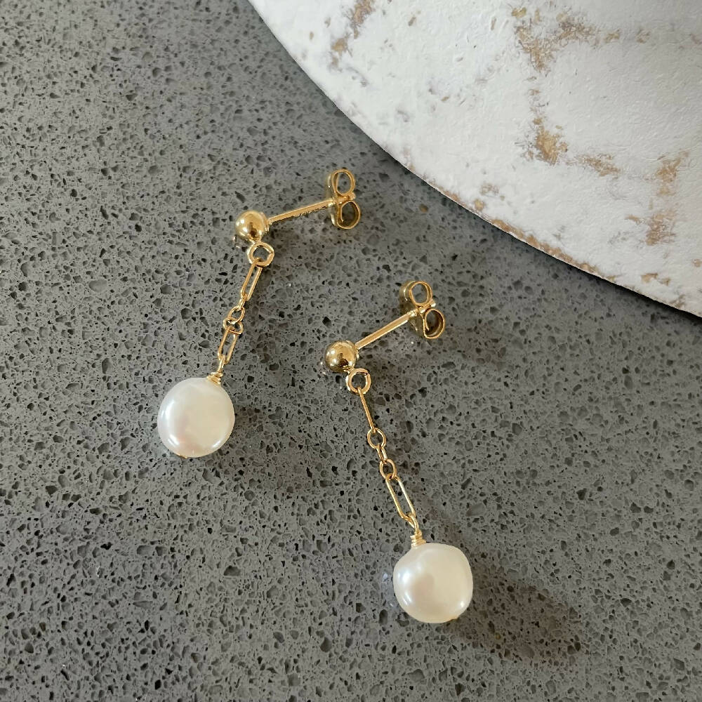 14K Gold filled freshwater pearl short chain earrings