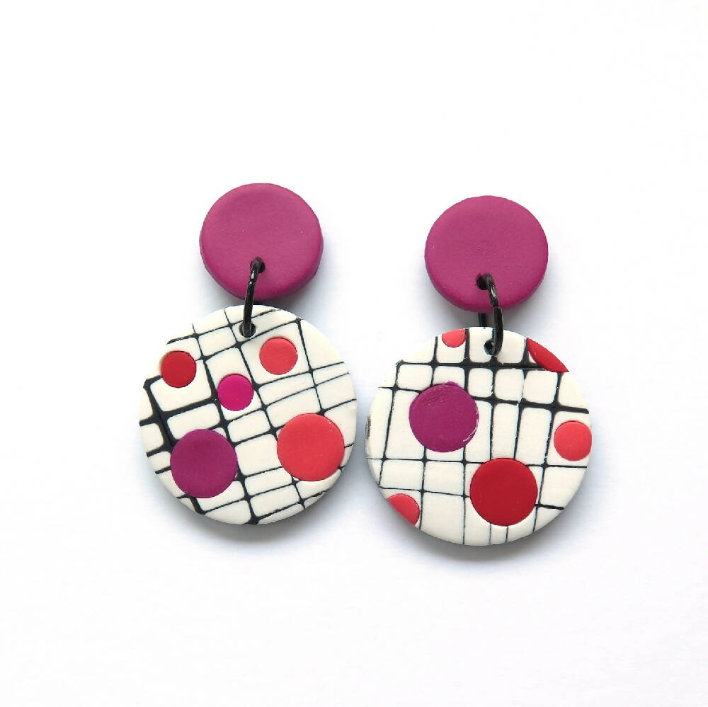 Mokume pink and white statement disc Polymer Clay earrings