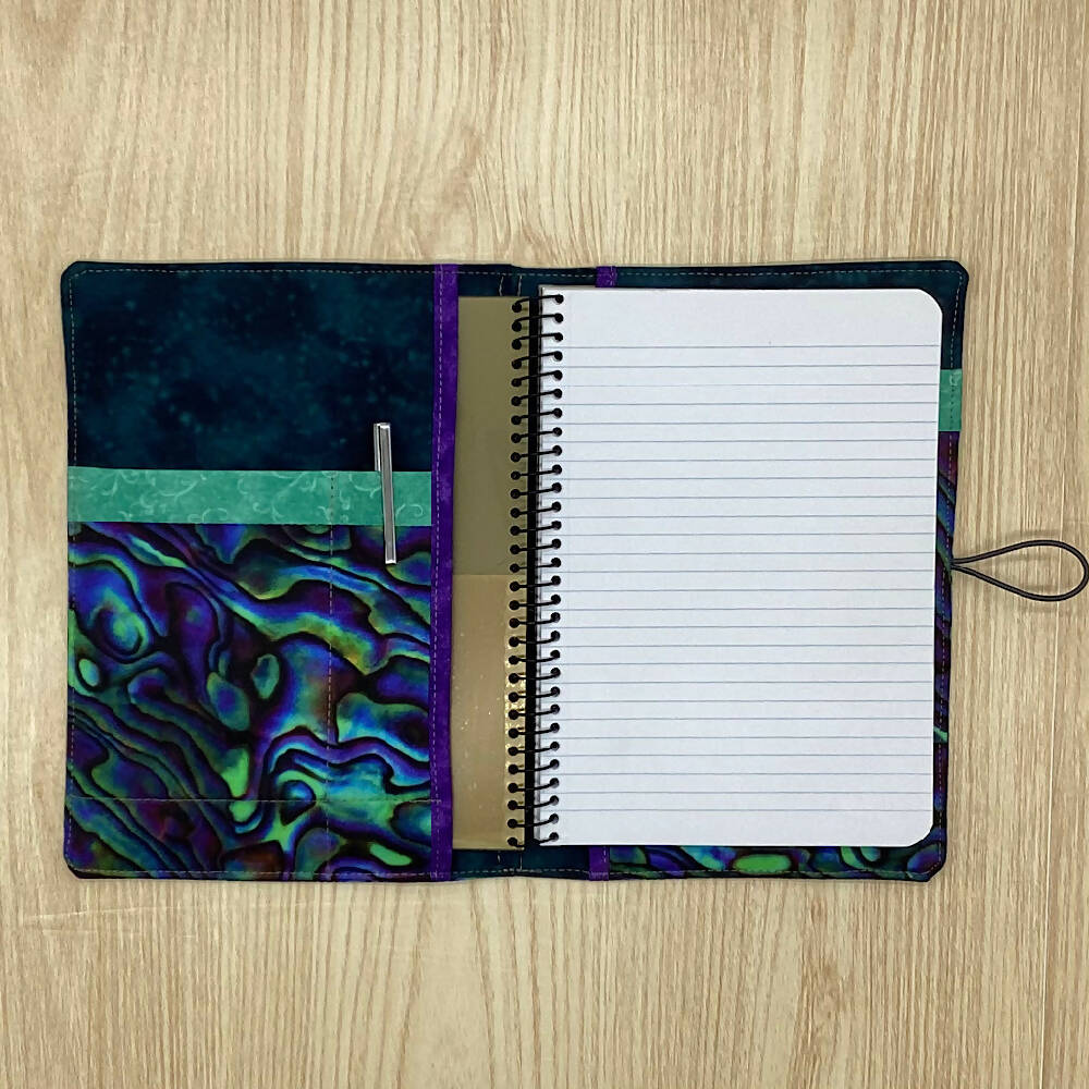 Paua Shell refillable A5 fabric notebook cover gift set - Incl. book and pen.