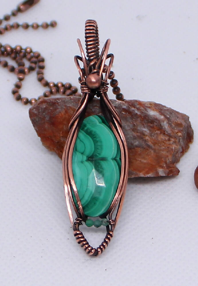 Faceted Malachite with Emeralds in Copper with chain