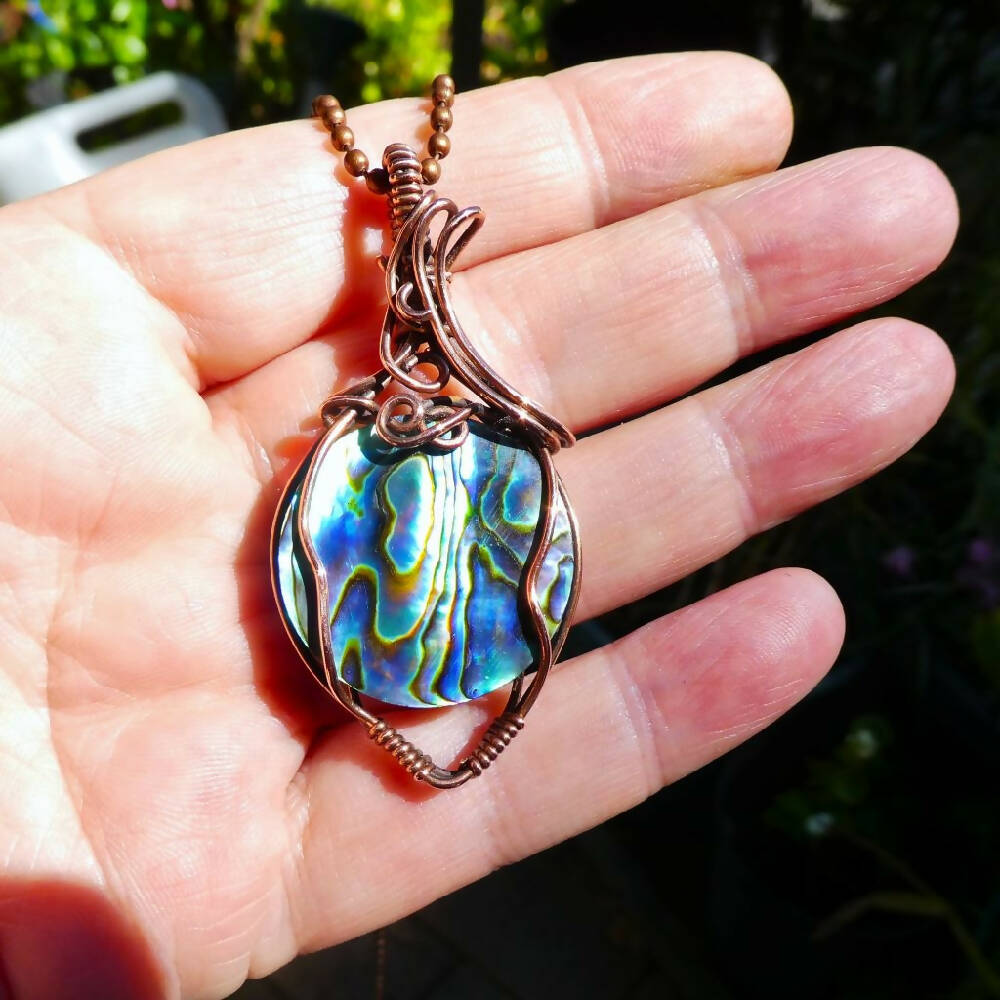 Large Paua Abalone shell pendant copper wire wrapped