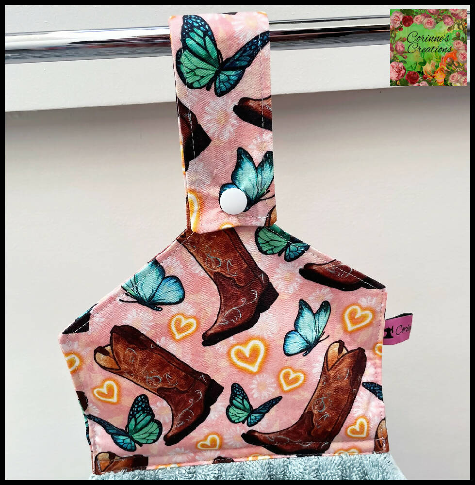 Hand Towel Hanging - Boots & Butterflies - Mint - Handmade