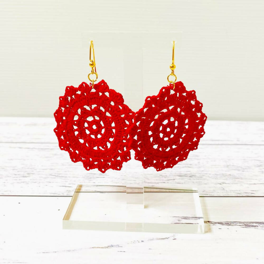 Crochet red lace mandala earrings