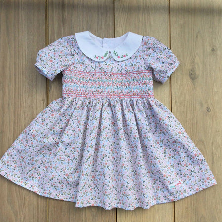 Floral Smocked Dress with Hand Embroidered Collar