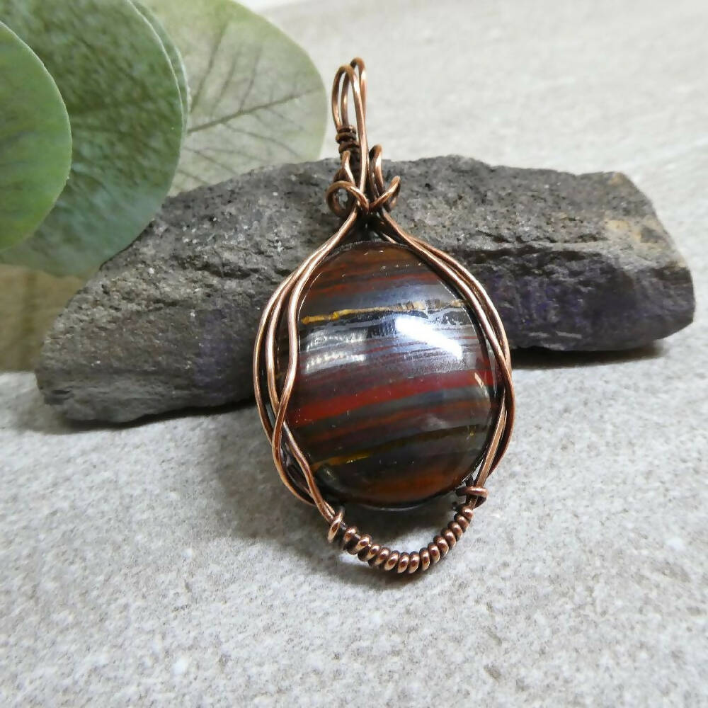 Tiger Iron gemstone large oval pendant copper wire wrapped
