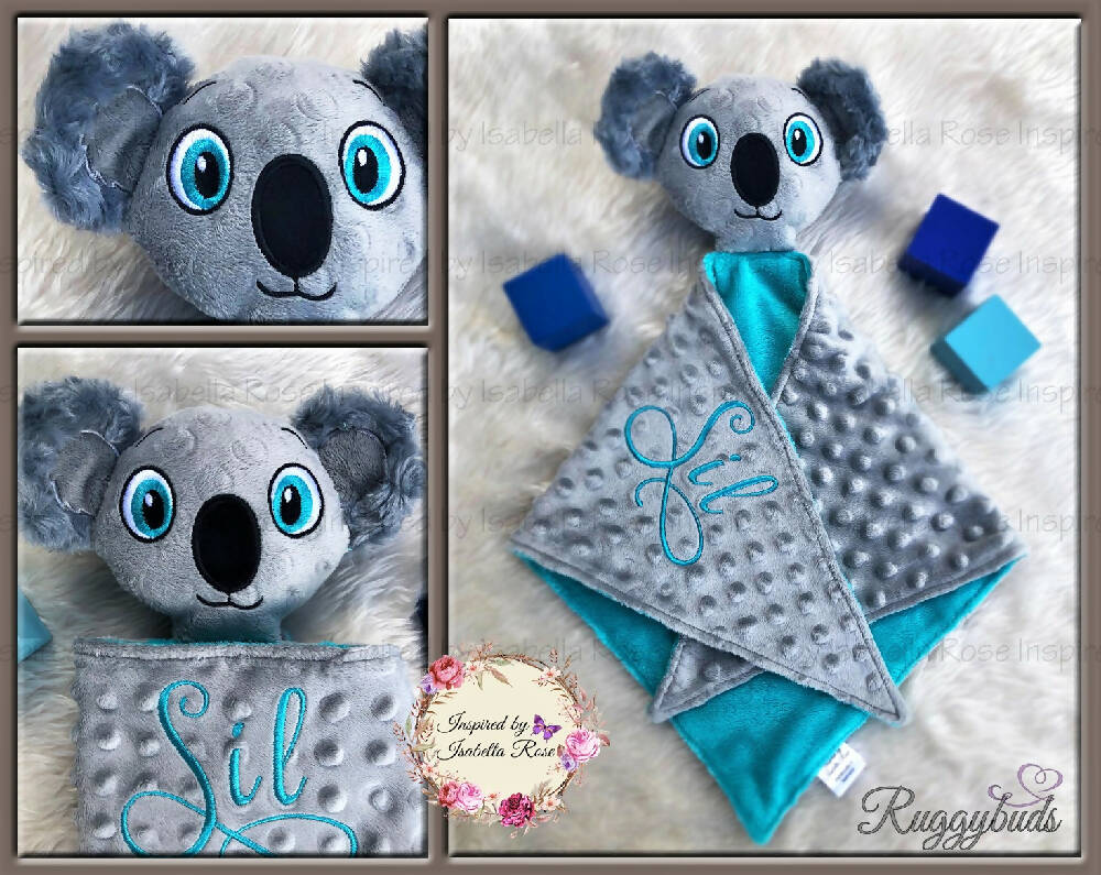 Baby comforter, Embroidered name, Koala themed Ruggybud, Made to order