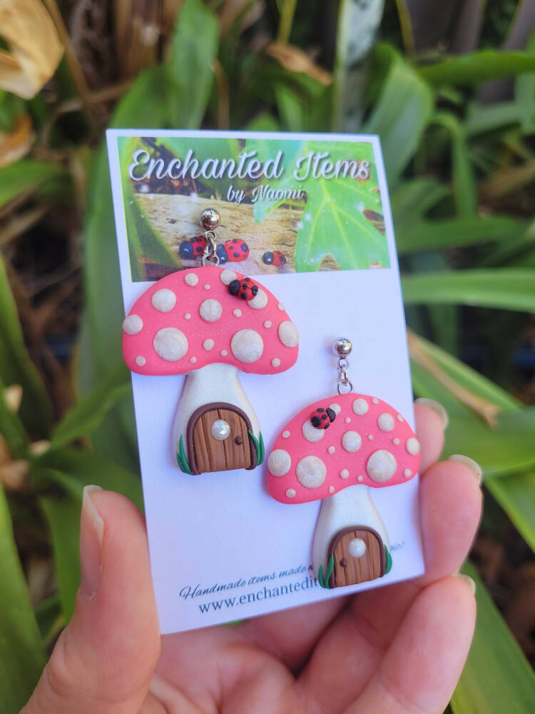 Pink Fairy Mushroom House Dangle Earrings