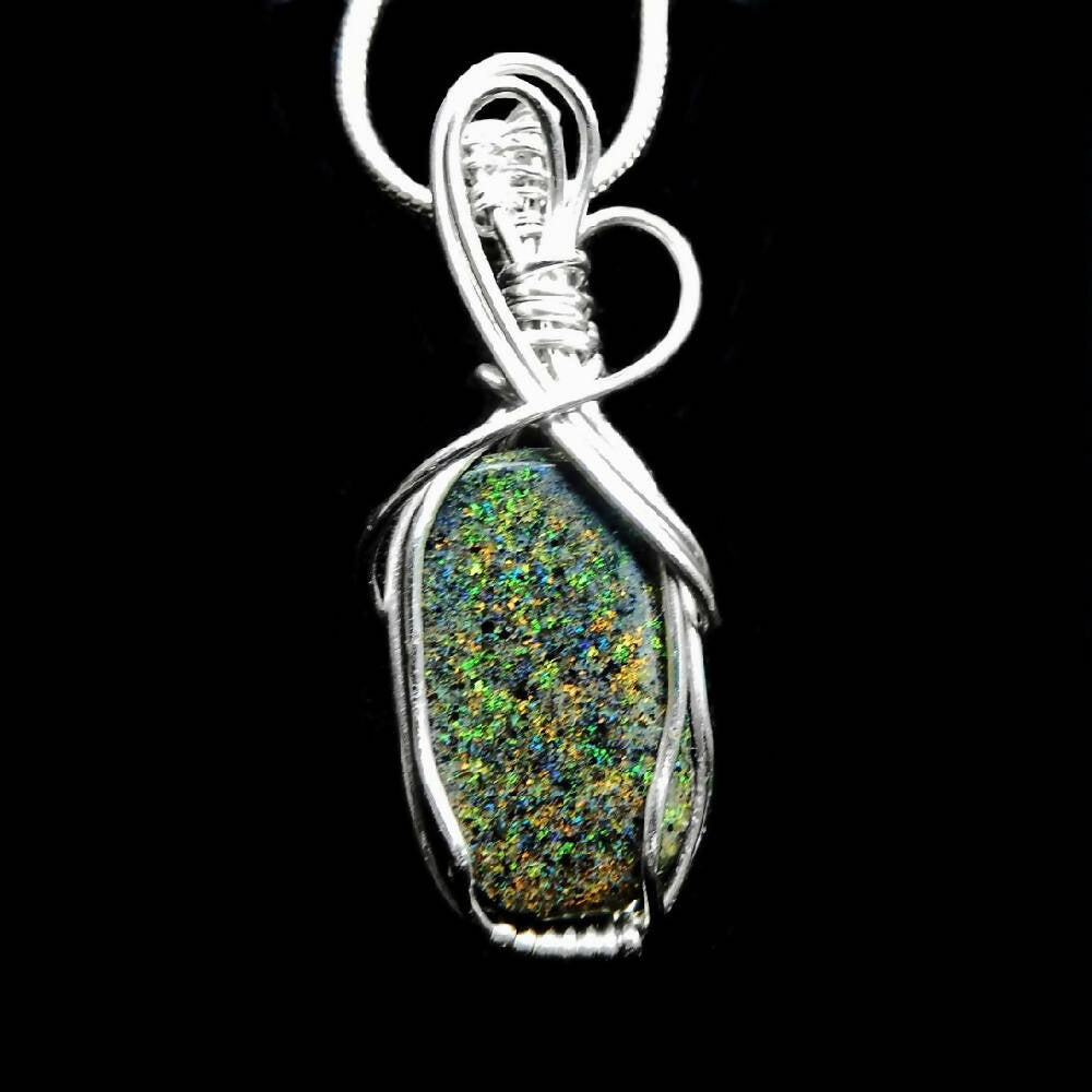 Unique Rainbow Matrix Opal pendant sterling silver wire wrapped