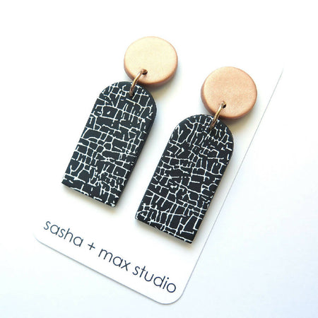 Crackle Arch Black and White Statement Polymer Clay Earrings - Drop arch