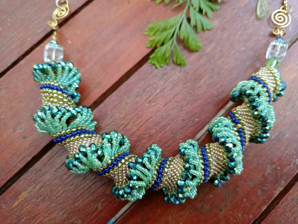 Gorgeous handmade seed beaded chunky spiral necklace in aqua turquoise and gold tones
