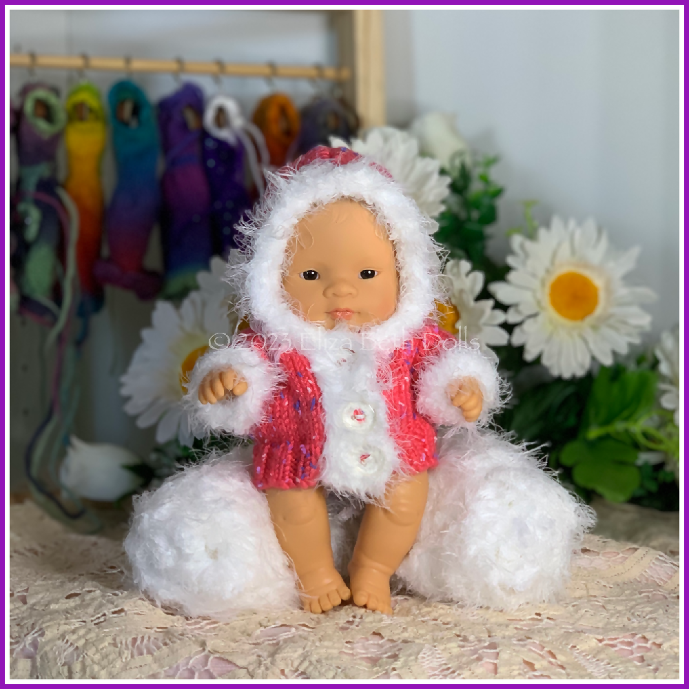 Miniland 21cm clothes, PDF digital pattern, Hoodie, Jacket, Hooded Coat, Boy, Girl, Unisex, Easy quick knit, Straight needles, Flat knit, Baby doll clothes, Cute outfit, Doll accessories, Minikane, 8inch, Clear instructions, Photos, 8ply DK yarn, Beginner friendly, Basic knitting, Simple pattern, 6, Eliza Beth Dolls, ElizaBethDolls, Australia