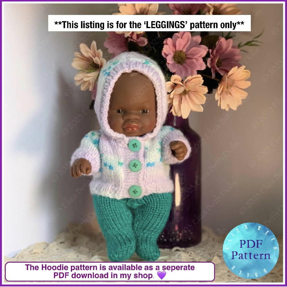 Miniland 21cm clothes, PDF digital pattern, Stockings, Leggings, Tights, Boy, Girl, Unisex, Easy quick knit, Straight needles, Flat knit, Baby doll clothes, Cute outfit, Doll accessories, Minikane, 8inch, Clear instructions, Photos, 8ply DK yarn, Beginner friendly, Basic knitting, Simple pattern, 3, Eliza Beth Dolls, ElizaBethDolls, Australia