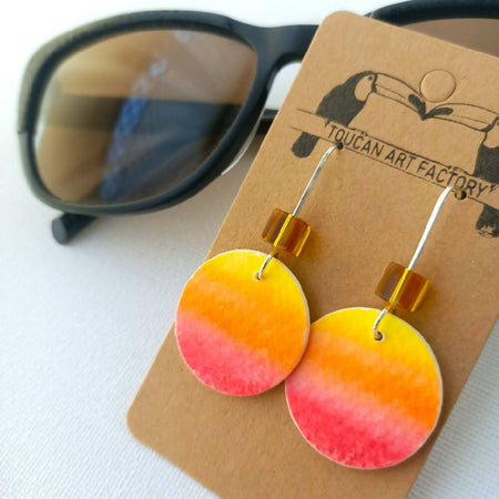 Hand Painted Watercolour Dangle Earrings - sterling silver - Red Sunset