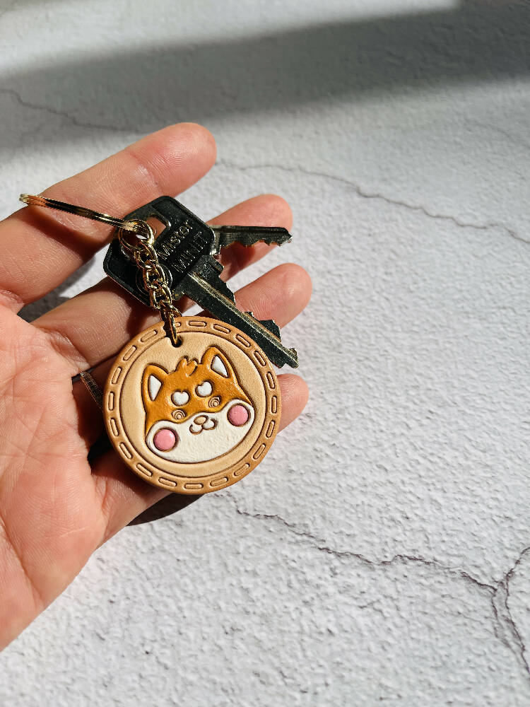 Shiba Inu Dog Face Leather Keyring| Key holder| Cute Dog| Veg Tanned Leather