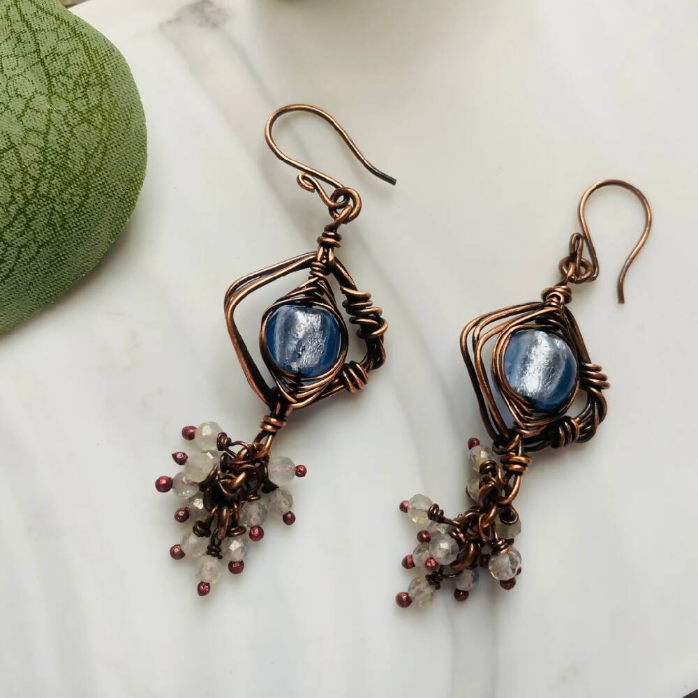 Blue Lampwork & Labradorite Gemstone Dangle Drop Earrings