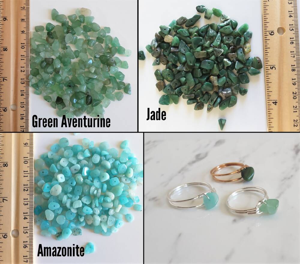 Dainty Natural gemstone loop wire ring , Jade Green Aventurine Amazonite
