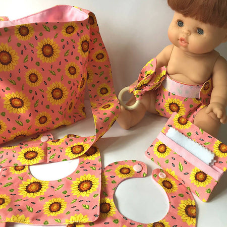 Nappy Bag and accessories for Baby Doll - sunflowers on pink #1