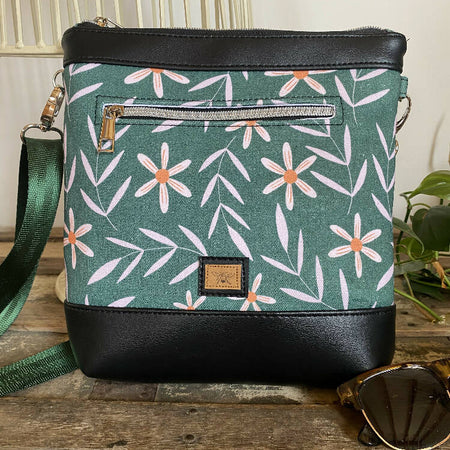 Mia Crossbody Bag - Green Floral/Black Faux Leather