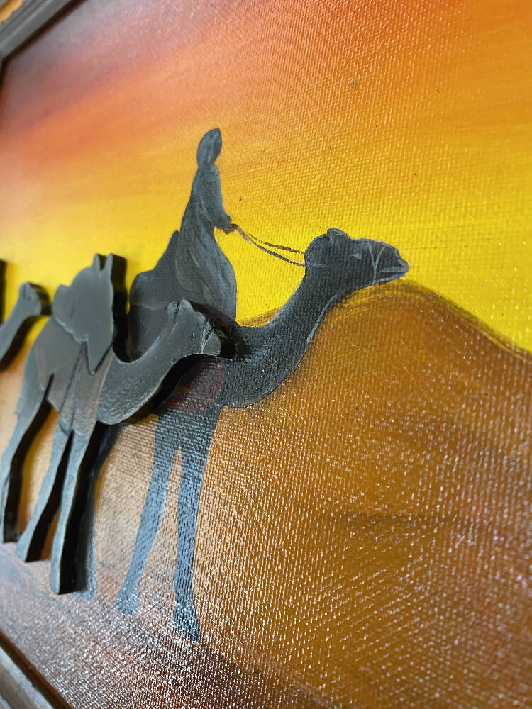 Art Mixed Media, 3D, Sunset camel train, original art, re-purposed frame, hand painted.