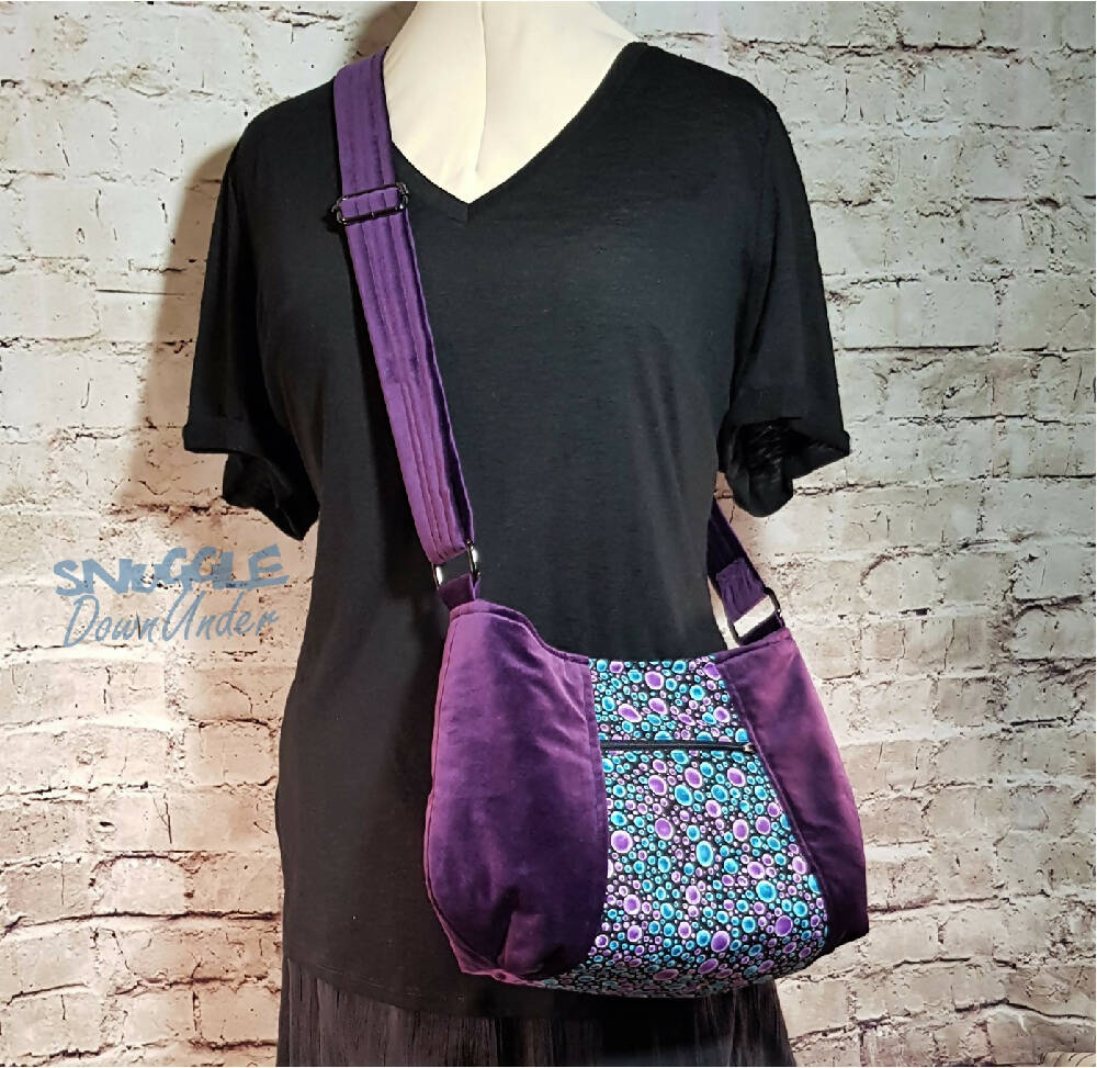 Velvet Crossbody Shoulder Bag Purse - Adjustable Strap - Purple Black & Turquoise