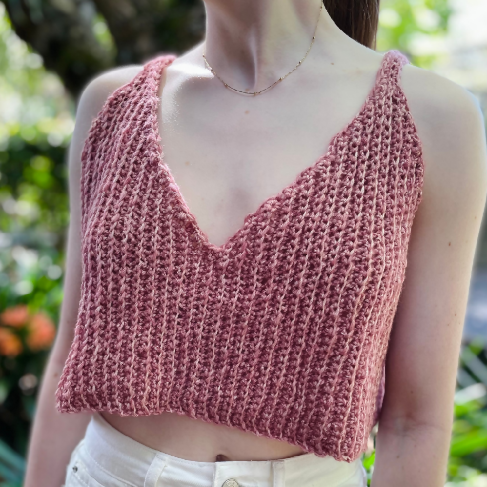 Pink Ribbed Crochet Crop Tank . Raspberry Pink crochet top.