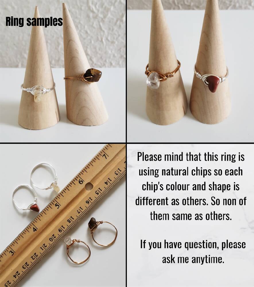 Single Natural gemstone wire wrap ring , Gold Rutilated Quartz Tiger eye Citrine Red Jasper
