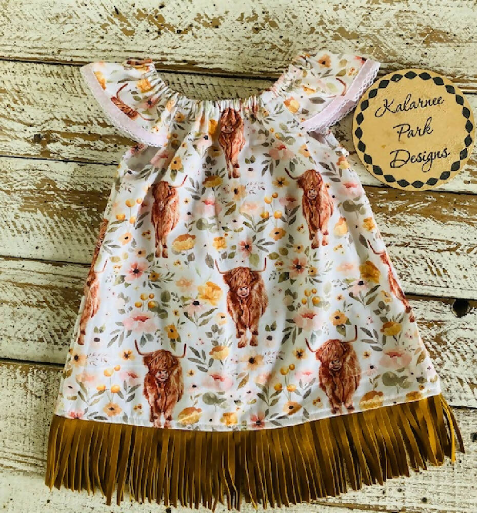 ''Highland Cow'' Girls Boho Dress with Suede Fringe Size 1-3