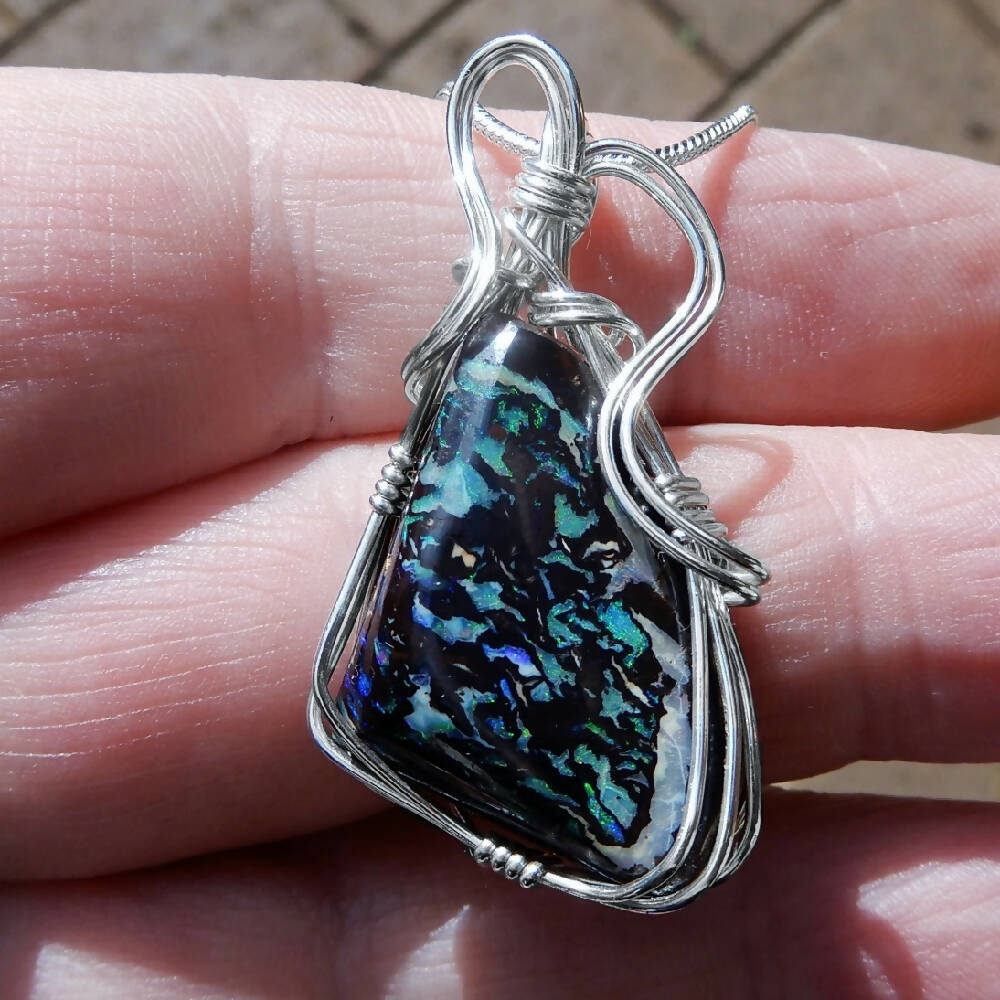 Large Koroit Boulder opal pendant Sterling silver wire wrapped