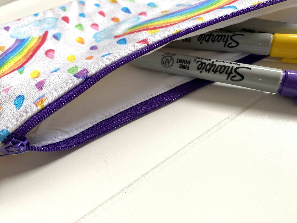 White sparkly rainbows pencil case